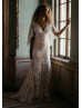 Cape Sleeves Ivory Embroidered Lace Wedding Dress With Nude Lining